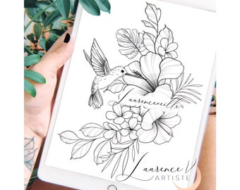 Tattoo Design | Instant Download | Hummingbird Hibiscus and Tropical Leaves | Printable Tattoo Stencil