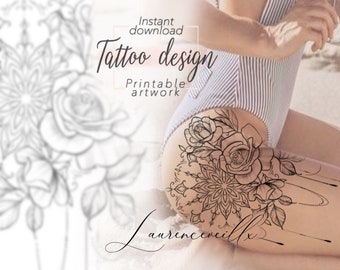 May include: A black and white line art tattoo design featuring a mandala with roses and vines. The design is shown on a person's hip and thigh. The text "Instant download Tattoo design Printable artwork" is visible in the image.