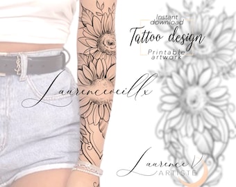 Printable Tattoo Design | Sunflower Flowers | Digital Tattoo Design, Feminine Floral Pattern, Unique Tattoo Design for Women