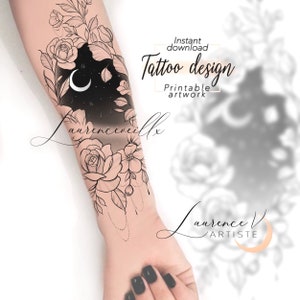 Tattoo Design | Instant Download | Sky Stars and Flower | Printable Tattoo Stencil