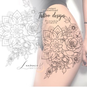 Tattoo Design | Instant Download | Flowers Roses Daisies and Mandala Tattoo | Printable Tattoo Stencil