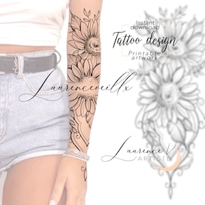 Printable Tattoo Design | Sunflower Flowers | Digital Tattoo Design, Feminine Floral Pattern, Unique Tattoo Design for Women