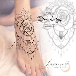 Printable Tattoo Design | Rose Mandala Tattoo Arm | Digital Tattoo Design, Feminine Floral Pattern, Unique Tattoo Design for Women