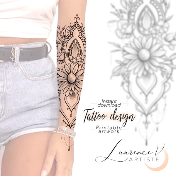 Printable Tattoo Design | Daisy Flowers Diamond | Digital Tattoo Design, Feminine Floral Pattern, Unique Tattoo Design for Women