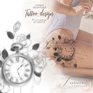 May include: Black and white tattoo design featuring a pocket watch with roman numerals, roses, and leaves. The design is on a person's hip and includes the text "laurenceveills" and "laurence ARTISTE".