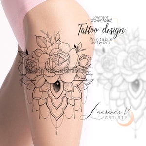 Tattoo Design | Instant Download | Diamond Peonies and Mandala | Printable Tattoo Stencil