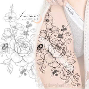 Desenho de tatuagem | Download instantâneo | Peônias, Abelhas e Bagas | Estênceis de tatuagem