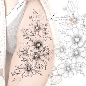 Tattoo Design | Instant Download | Cosmos Flowers and Leaves | Printable Tattoo Stencil
