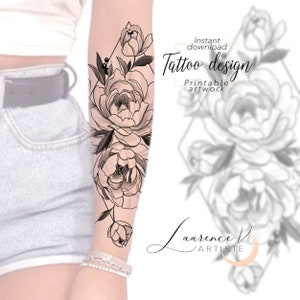 Tattoo Design | Instant Download | Peonies and Triangle | Printable Tattoo Stencil