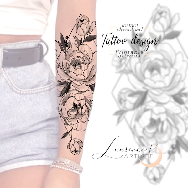 Tattoo Design | Instant Download | Peonies and Triangle | Printable Tattoo Stencil