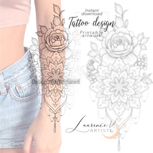 Tattoo Design | Instant Download | Flowers Mandala 1 | Printable Tattoo Stencil