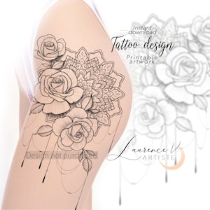 Tattoo Design | Instant Download | Roses Mandala | Printable Tattoo Stencil