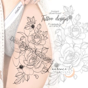 Diseño de tatuaje de ramo de flores de luna rosa | Ideas de dibujo de arte de tatuaje femenino de línea fina botánica | Flor de nacimiento de junio | Descarga digital