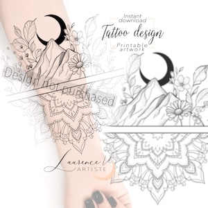 Tattoo Design | Instant Download | Mountain Moon and Mandala | Printable Tattoo Stencil