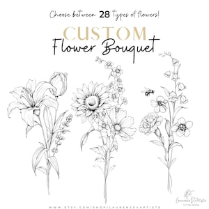 Tatuagem de buquê de flores personalizada | Buquê de flores de nascimento personalizado | Tatuagem de arte de linha | Flores para o nascimento da avó e das crianças da família | Ideia de presente de Natal