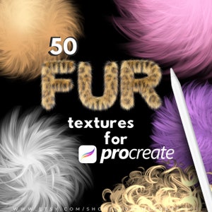 Peut inclure: 50 textures de fourrure pour Procreate. L'image montre une collection de différentes textures de fourrure dans diverses couleurs, notamment le blanc, le rose, le violet et le brun. Les textures sont conçues pour être utilisées dans l'application Procreate.