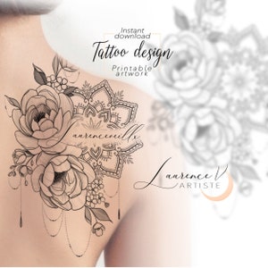Tattoo Design | Instant Download | Peonies and Mandala | Printable Tattoo Stencil