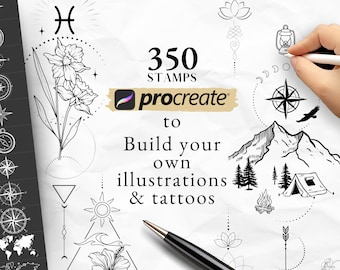 350 Procreate Tattoo Stamps Brushes | Fineline Tattoo Clip Art Bundle | Ornamental Flower Geometric Birth Flower Zodiac | Commercial Use