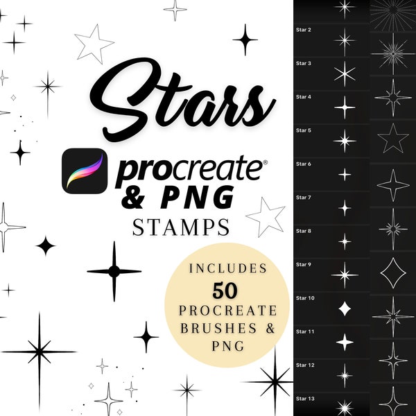 Procreate Brushes Stamps and PNG files | Star Sparkle Celestial Galaxy Shooting Star Glitter Brush | Clip Art Cricut Canva Commercial Use