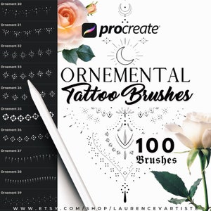 May include: A digital illustration of 100 ornamental tattoo brushes for the Procreate app. The brushes are displayed in a grid with a white background. The text "ORNEMENTAL Tattoo Brushes" is displayed in a large, bold font. The text "100 Brushes" is displayed in a smaller font below the title.