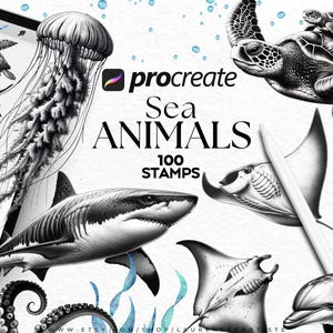 May include: Black and white illustrations of various sea creatures, including a shark, jellyfish, sea turtles, and a dolphin. The text "Sea Animals 100 Stamps" is displayed. The image is designed for use with the Procreate application.