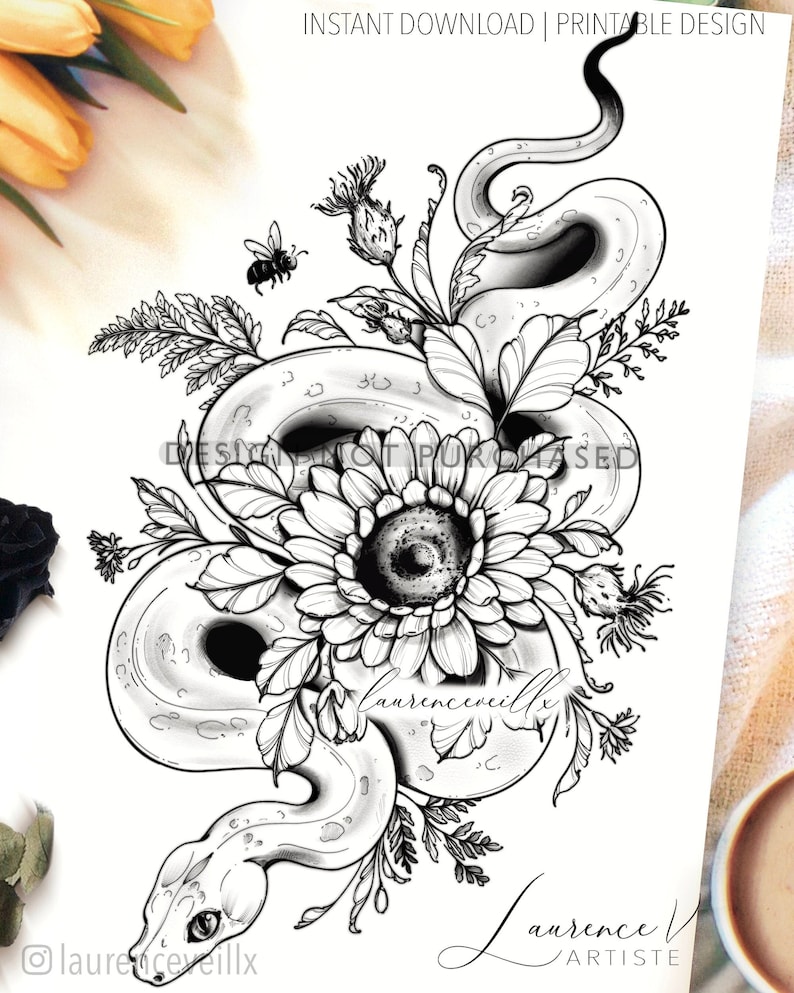 Instant Download Tattoo Design Snake Sunflower and Etsy