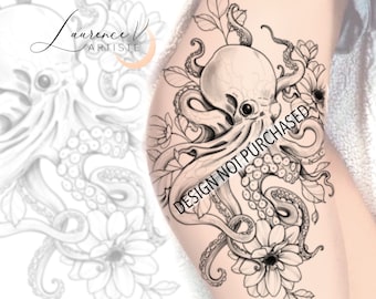 Design de tatouage | Téléchargement instantané | Pieuvre, fleurs et feuilles | Tattoo Stencil