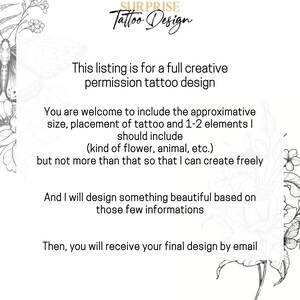 Puede incluir: Texto sobre un fondo blanco que explica c&oacute;mo pedir un dise&ntilde;o de tatuaje personalizado. El texto dice "SURPRISE Tattoo Design" e incluye instrucciones para que el cliente proporcione detalles sobre el tatuaje que desea, como el tama&ntilde;o, la ubicaci&oacute;n y los elementos que se deben incluir.