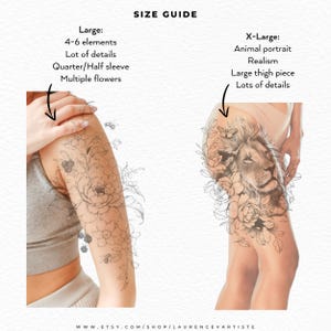Pode incluir: Um guia de tamanhos com dois designs de tatuagem. A op&ccedil;&atilde;o Large mostra uma manga floral com 4-6 elementos e abelhas. A op&ccedil;&atilde;o X-Large exibe um retrato realista de le&atilde;o com flores e uma borboleta na coxa. O texto inclui SIZE GUIDE.