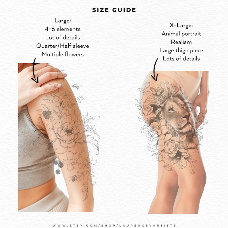 Pode incluir: Um guia de tamanhos com dois designs de tatuagem. A op&ccedil;&atilde;o Large mostra uma manga floral com 4-6 elementos e abelhas. A op&ccedil;&atilde;o X-Large exibe um retrato realista de le&atilde;o com flores e uma borboleta na coxa. O texto inclui SIZE GUIDE.