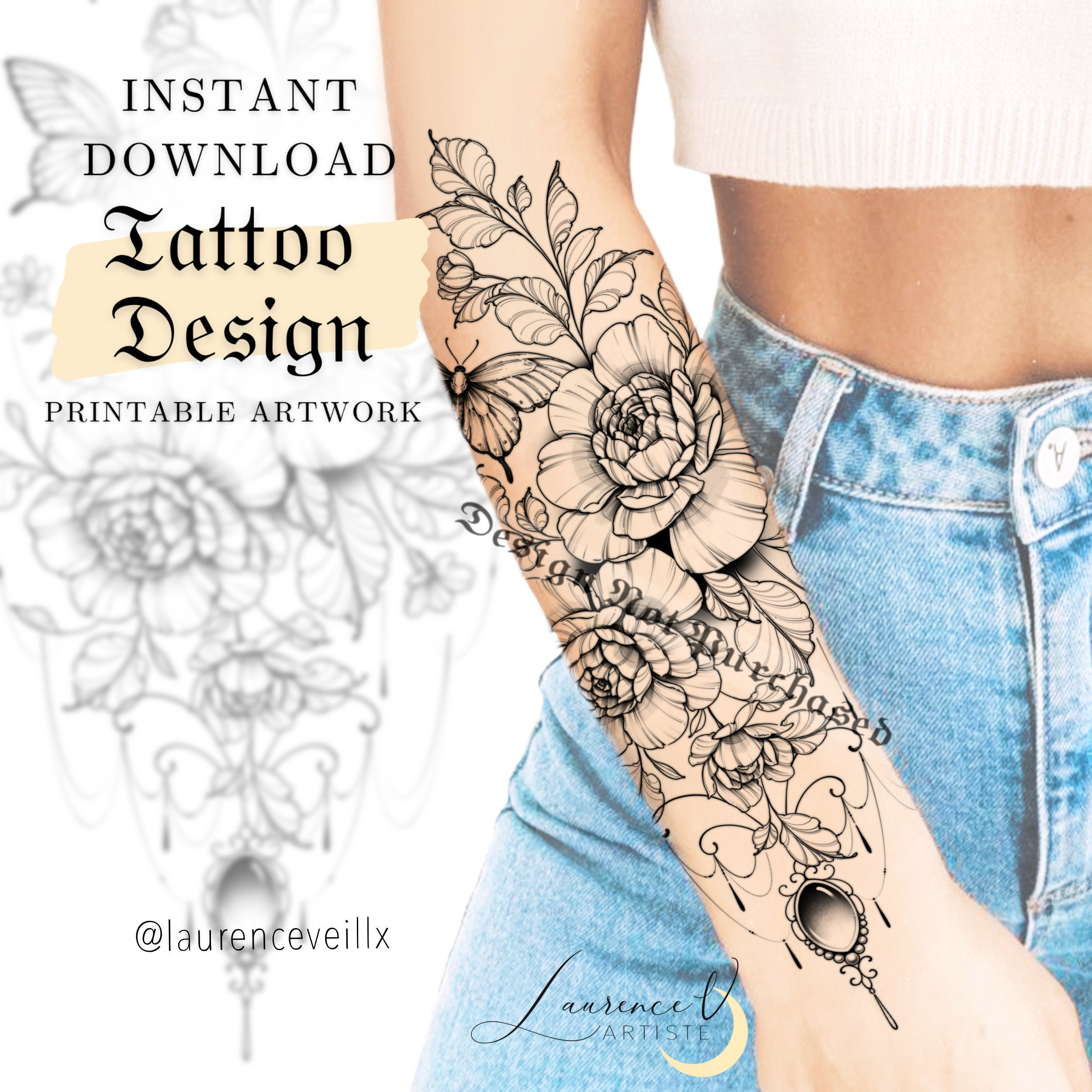 Instant Download Tattoo Design Peonies Butterfly and - Etsy Israel