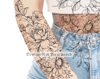 Tattoo Design | Instant Download | Peony Daisy and Leaves | Tattoo Stencil