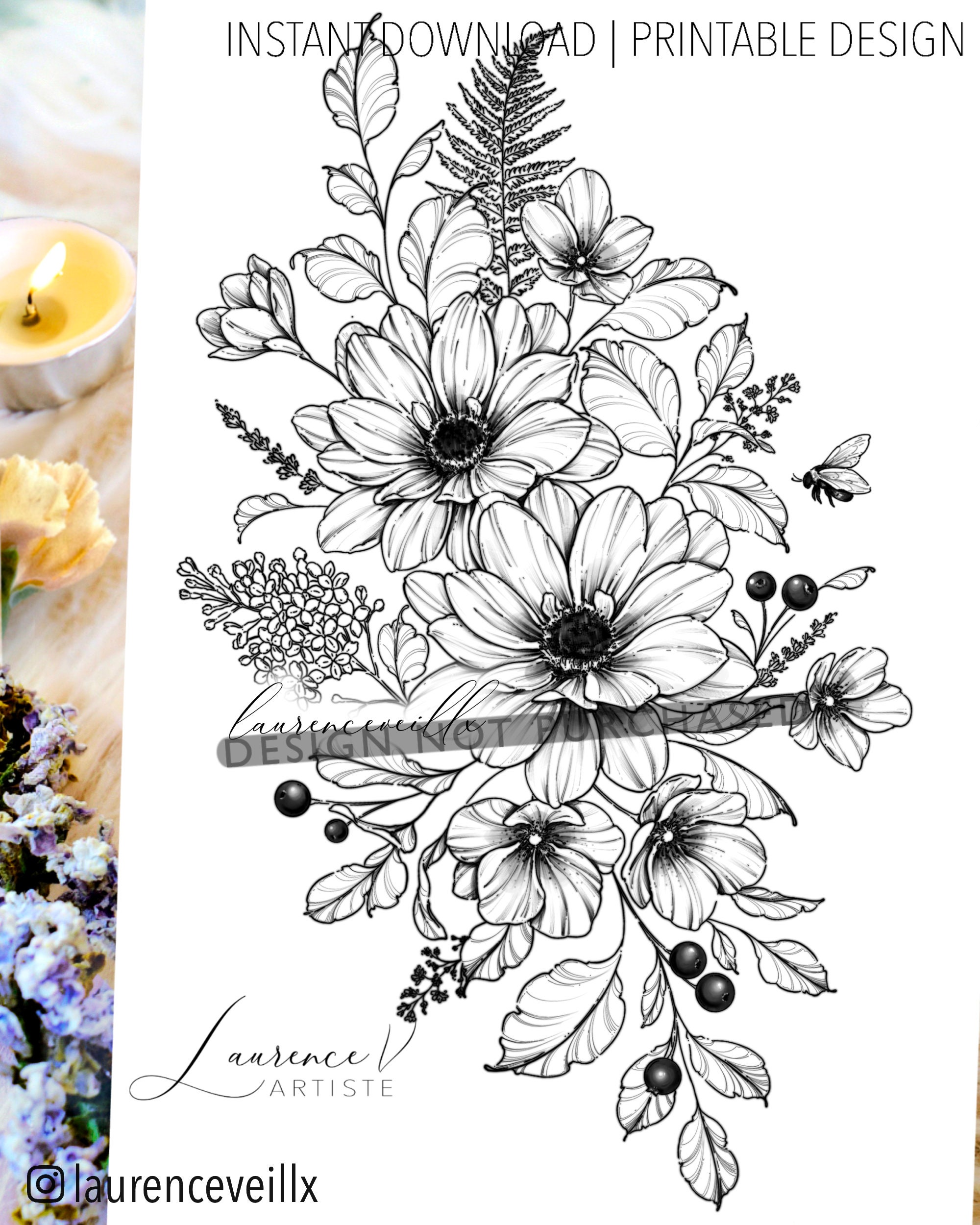 Tattoo Design Dahlia Lilac and Bee Instant Download Tattoo - Etsy Norway