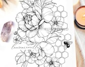 Design de tatouage | Téléchargement instantané | Pivoines et Ruche d'abeille | Tattoo Stencil