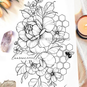 Tattoo Design | Instant Download | Peonies and Beehive | Tattoo Stencil