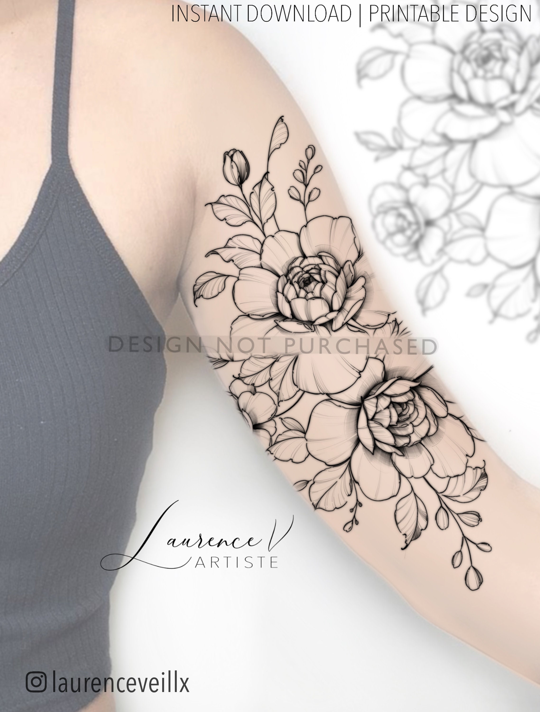 Peony Tattoo Stencil, Peony Tattoo Desig Graphic by tattooworker