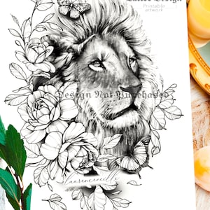 Tattoo Design | Instant Download | Lion Peonies and Butterflies | Tattoo Stencil |