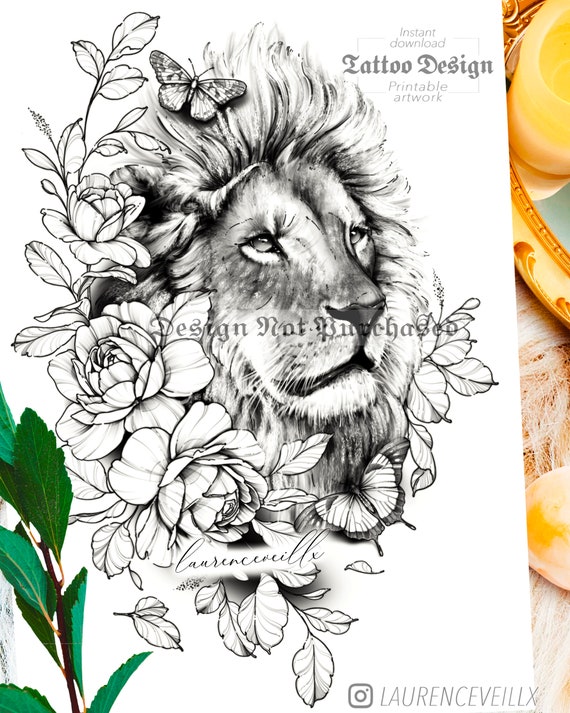 Instant Download Tattoo Design Lion Peony Butterfly Custom - Etsy New  Zealand