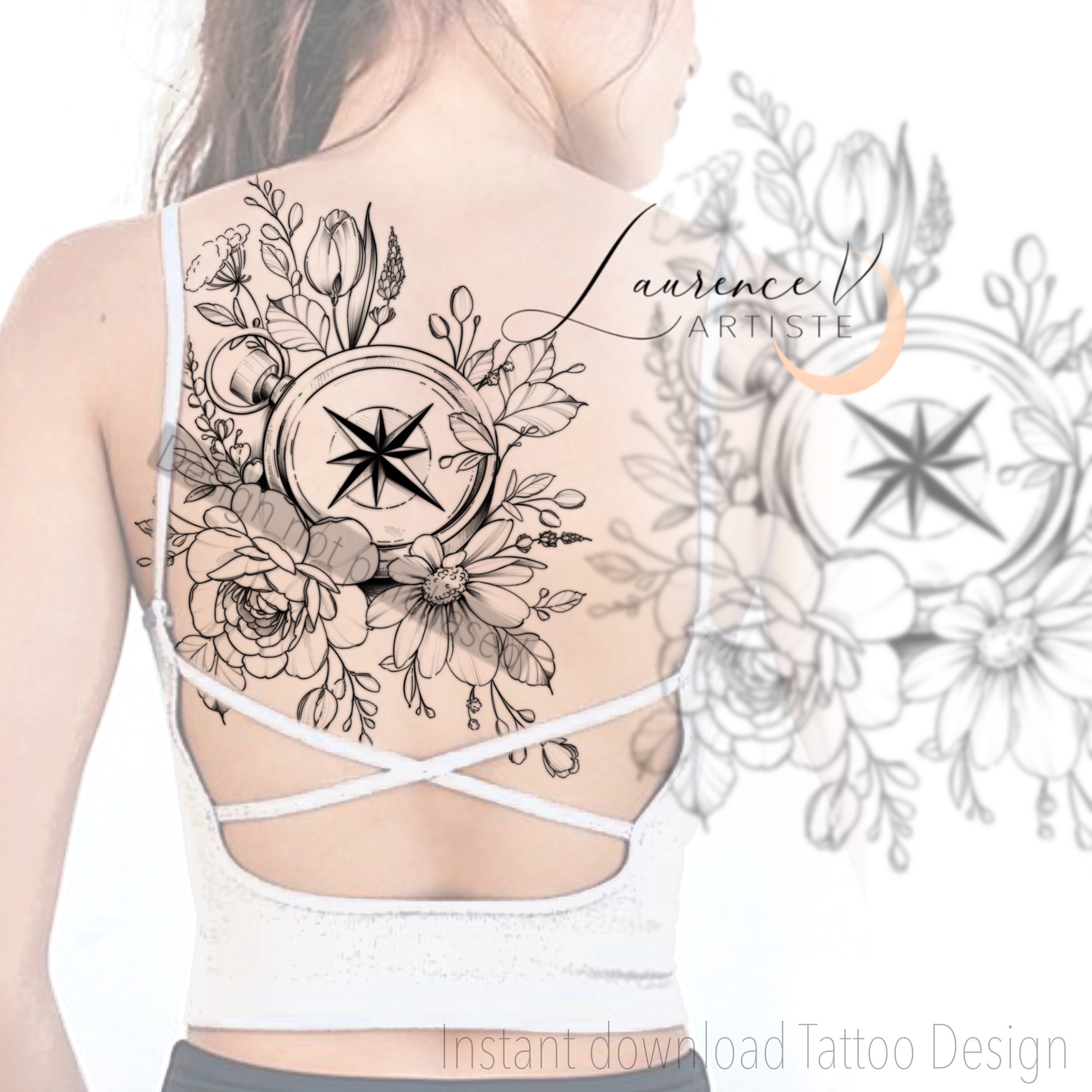 Instant Download Tattoo Design Compass and Wildflowers - Etsy Sweden