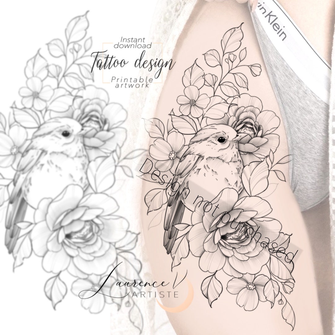 Instant Download Tattoo Design Bird and Peonies Tattoo Printable Stencil  Template - Etsy Australia