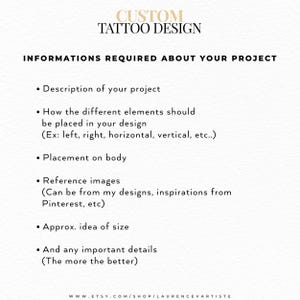 Pode incluir: Um gr&aacute;fico informativo branco com texto preto intitulado CUSTOM TATTOO DESIGN. Lista os requisitos para um projeto, incluindo uma descri&ccedil;&atilde;o, coloca&ccedil;&atilde;o de elementos, localiza&ccedil;&atilde;o no corpo, imagens de refer&ecirc;ncia e detalhes importantes.