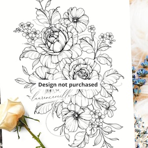 Design de tatuagem de buquê de flores de miosótis rosa | Idéias para desenho de arte de tatuagem feminina de linha fina botânica | Flor de nascimento de junho | Download digital