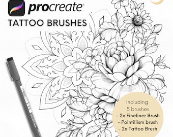 Procreate Brushes | Tattoo Sketch Linework Fine Liner Brushes | Procreate Tattoo Brush Stamps | Dotwork Stipple Shading Whipeshade Brush Set