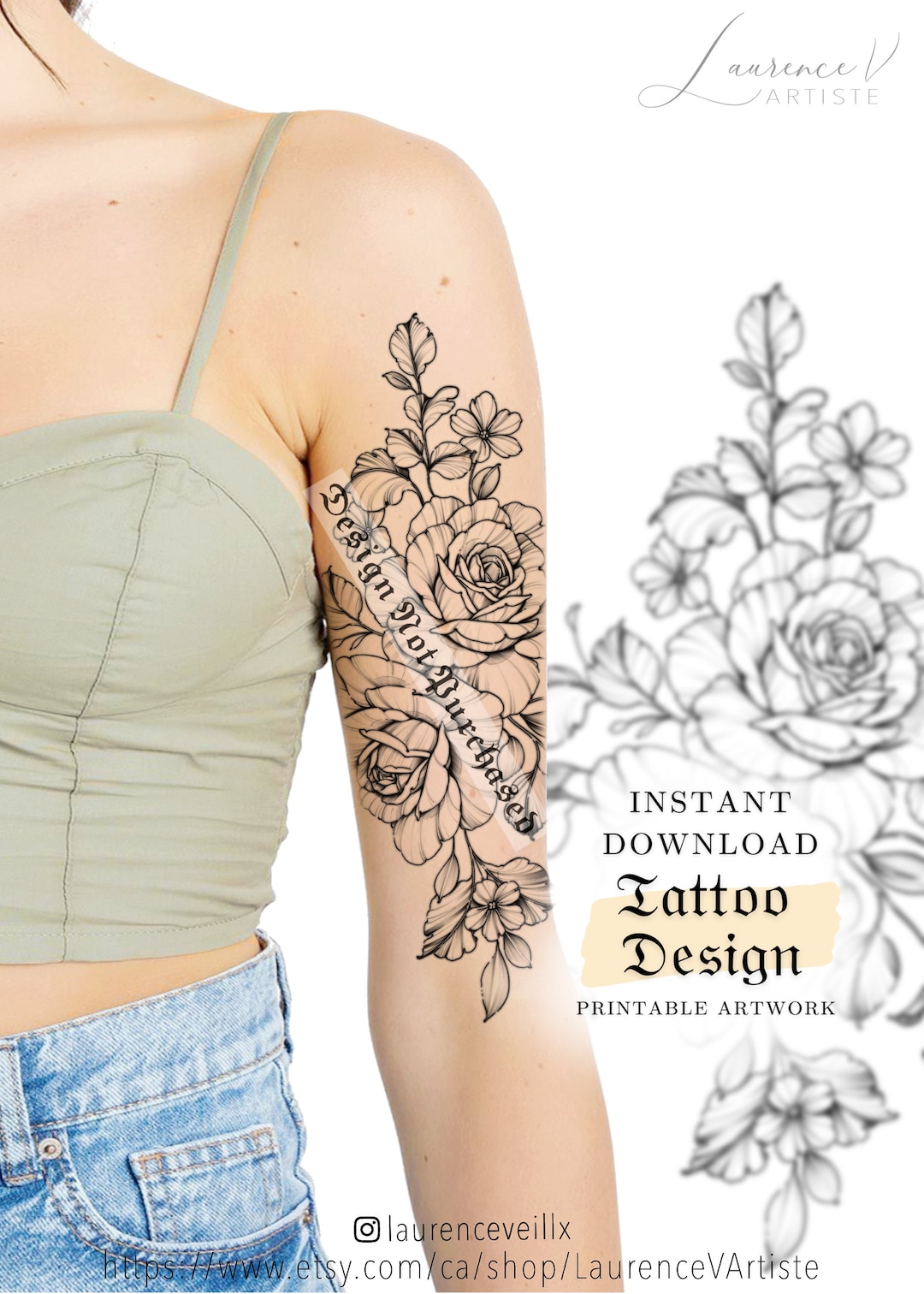Printable Tattoo Design Bouquet of Roses Digital Tattoo Design Tattoo ...