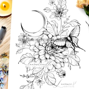 Dahlia Butterfly Tattoo Design for Women | Moon Luna Moth Flower Floral Bouquet Tattoo Drawing Stamps | Tattoo Stencil Flash Outline