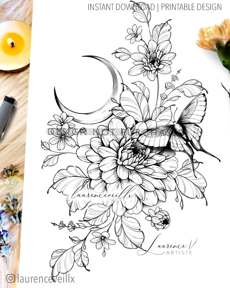 May include: Black and white line art illustration of a crescent moon with a butterfly and flowers. The flowers are stylized and include a large flower with many petals. The text "laurenceveillx" is at the bottom of the image.