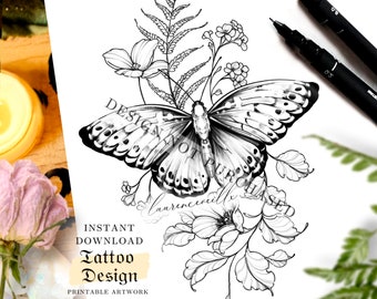 May include: Black and white line art tattoo design featuring a butterfly with intricate details, surrounded by delicate flowers and leaves. The design is perfect for a tattoo or as a printable art piece.