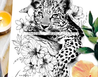 Tattoo Design | Instant Download | Leopard Hibiscus and Plumeria | Tattoo Stencil
