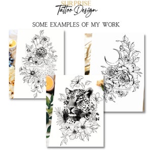 Puede incluir: Tres dise&ntilde;os de tatuaje en blanco y negro. El primer dise&ntilde;o es un ramo de flores. El segundo dise&ntilde;o es una cabeza de leopardo con flores. El tercer dise&ntilde;o es una luna creciente con flores.