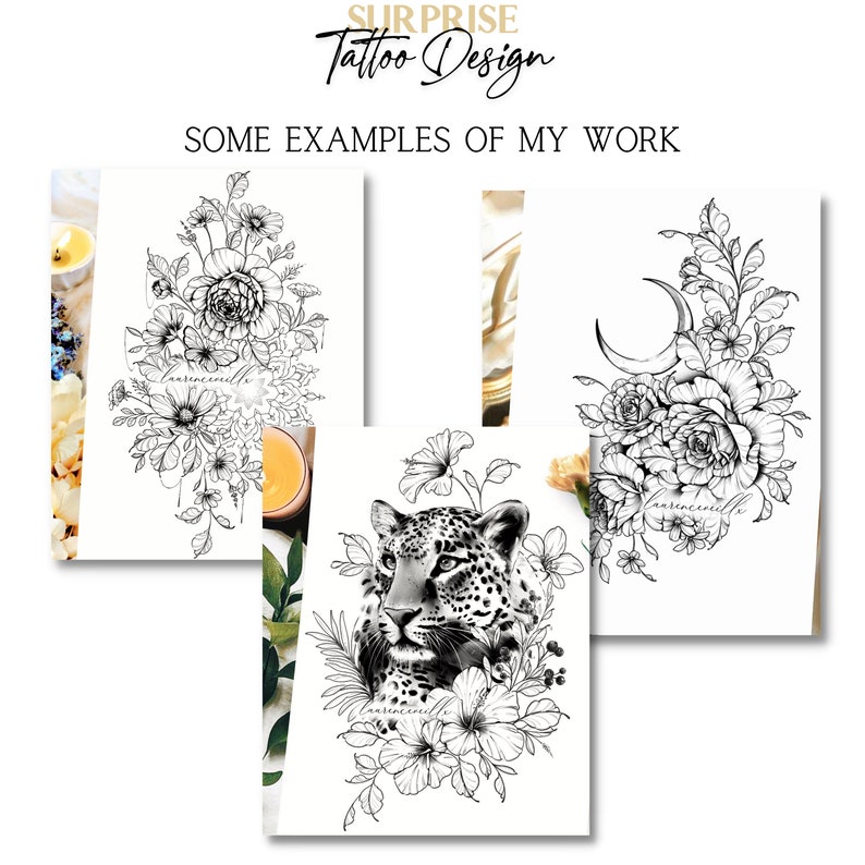 Puede incluir: Tres dise&ntilde;os de tatuaje en blanco y negro. El primer dise&ntilde;o es un ramo de flores. El segundo dise&ntilde;o es una cabeza de leopardo con flores. El tercer dise&ntilde;o es una luna creciente con flores.